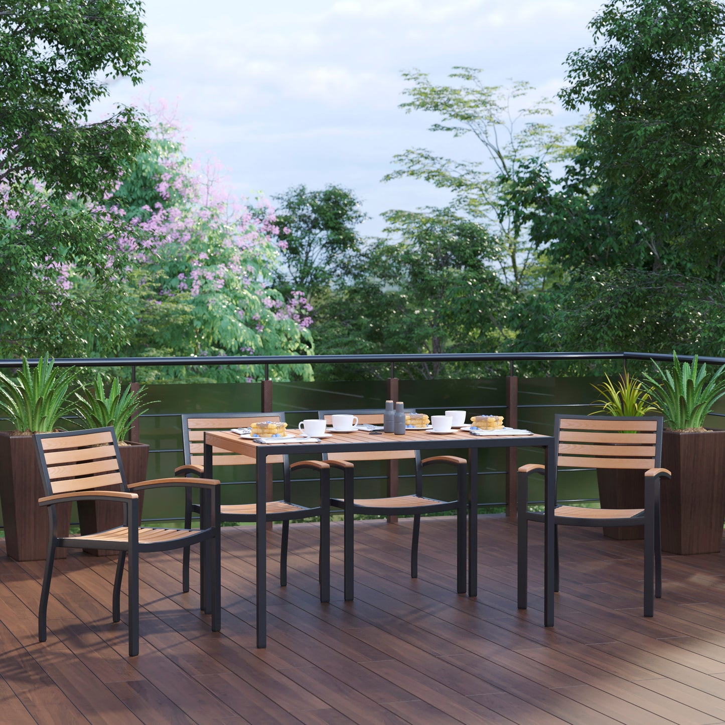 Lark 5 Piece Outdoor Dining Table Set - Synthetic Teak Poly Slats - 30" x 48" Steel Framed Table with Umbrella Hole-4 Club Chairs