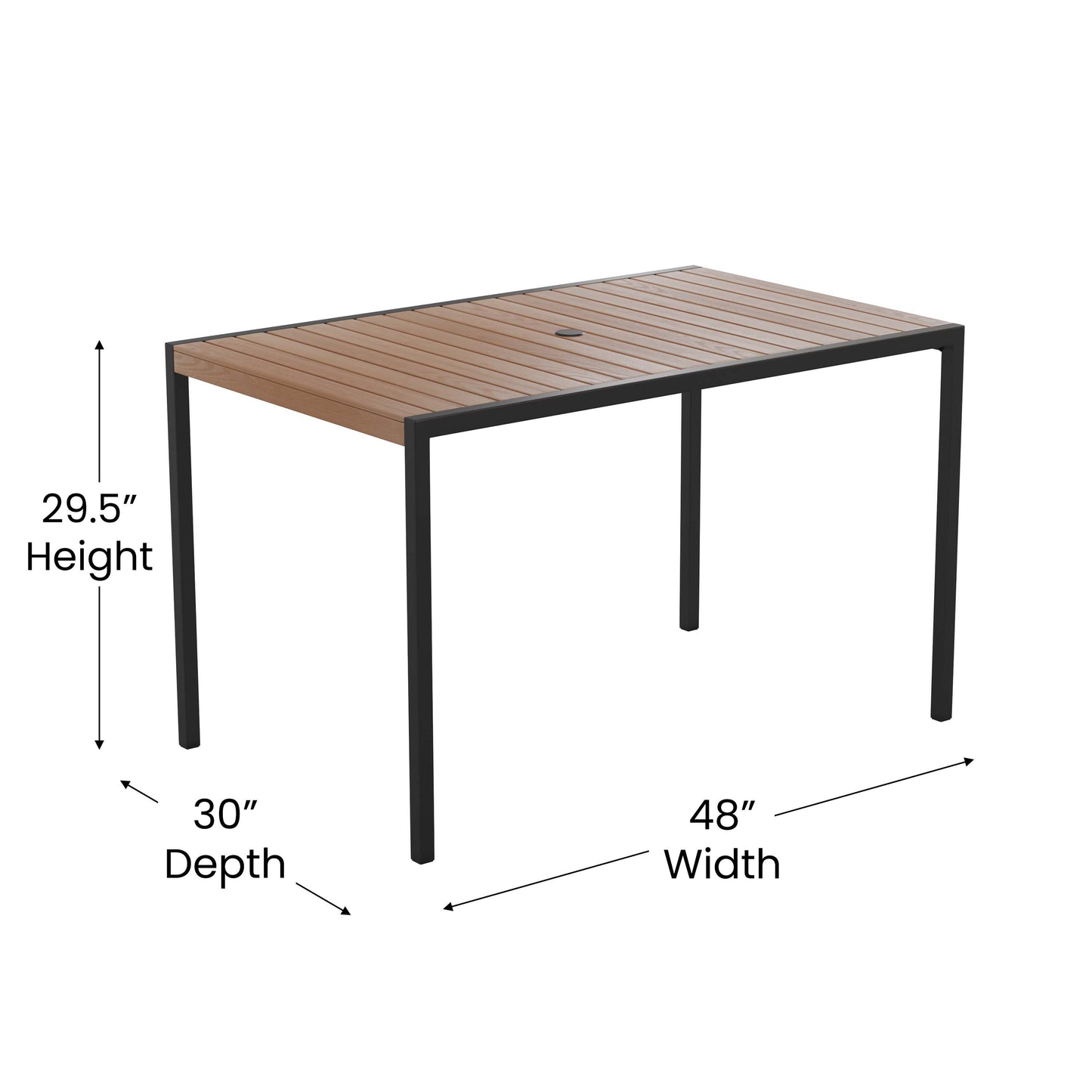 Lark 7 Piece Outdoor Patio Dining Table Set with 4 Synthetic Teak Stackable Chairs, 30" x 48" Table, Gray Umbrella & Base