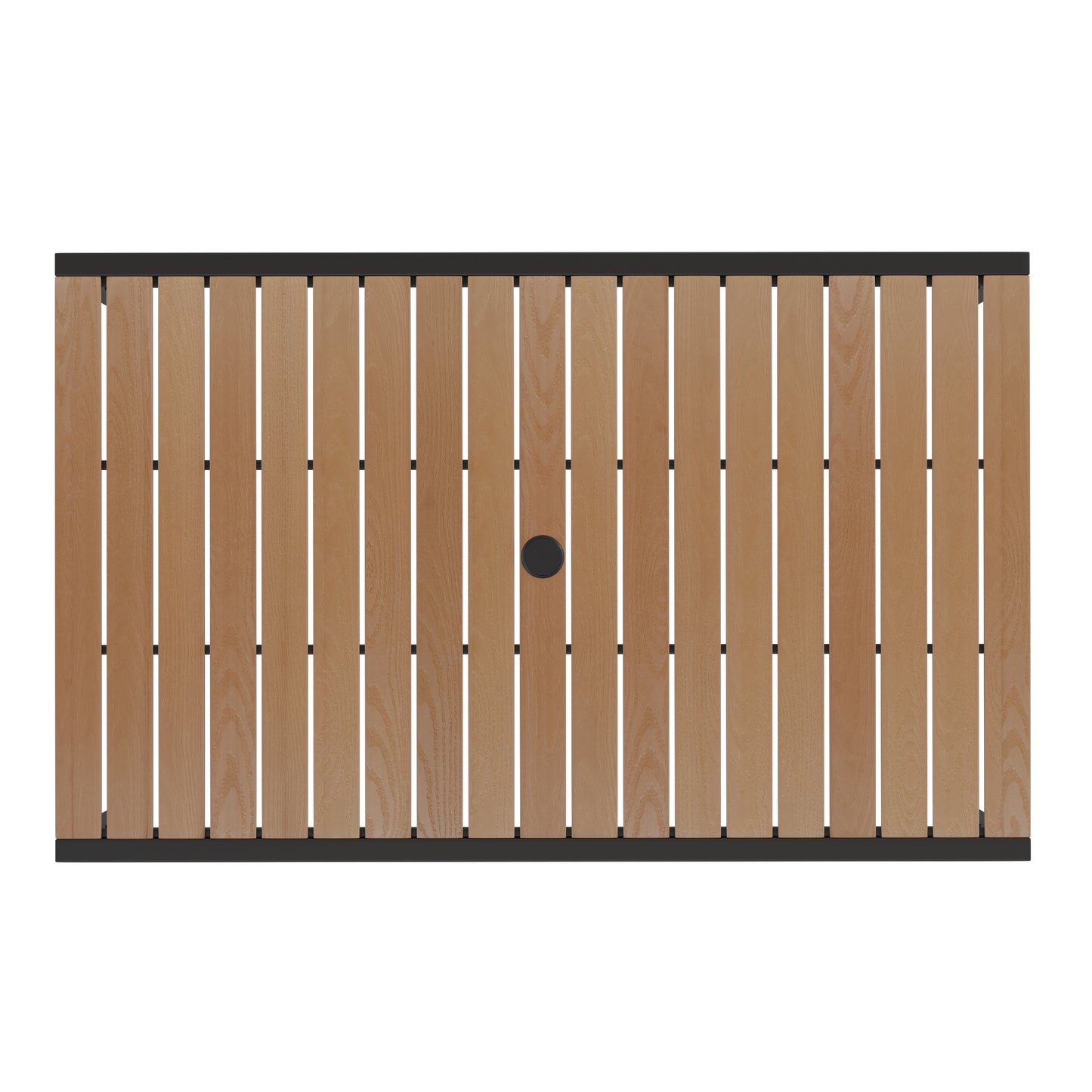 Lark 7 Piece Outdoor Patio Dining Table Set with 4 Synthetic Teak Stackable Chairs, 30" x 48" Table, Gray Umbrella & Base