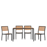 Lark 5 Piece Patio Table Set - Synthetic Teak Poly Slats - 30" x 48" Steel Framed Table with 4 Stackable Faux Teak Chairs