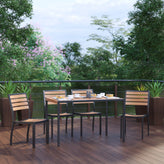 Lark 5 Piece Patio Table Set - Synthetic Teak Poly Slats - 30" x 48" Steel Framed Table with 4 Stackable Faux Teak Chairs