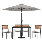 Lark 7 Piece All-Weather Deck or Patio Set - 4 Stacking Faux Teak Chairs, 30" x 48" Faux Teak Table, Gray Umbrella & Base