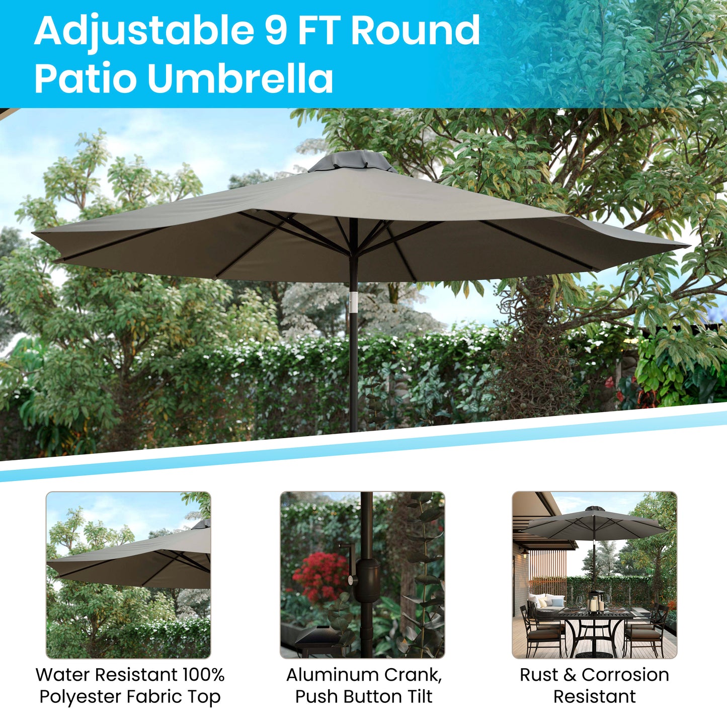 Lark 7 Piece All-Weather Deck or Patio Set - 4 Stacking Faux Teak Chairs, 30" x 48" Faux Teak Table, Gray Umbrella & Base