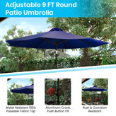 Lark 7 Piece All-Weather Deck or Patio Set - 4 Stacking Faux Teak Chairs, 30" x 48" Faux Teak Table, Navy Umbrella & Base
