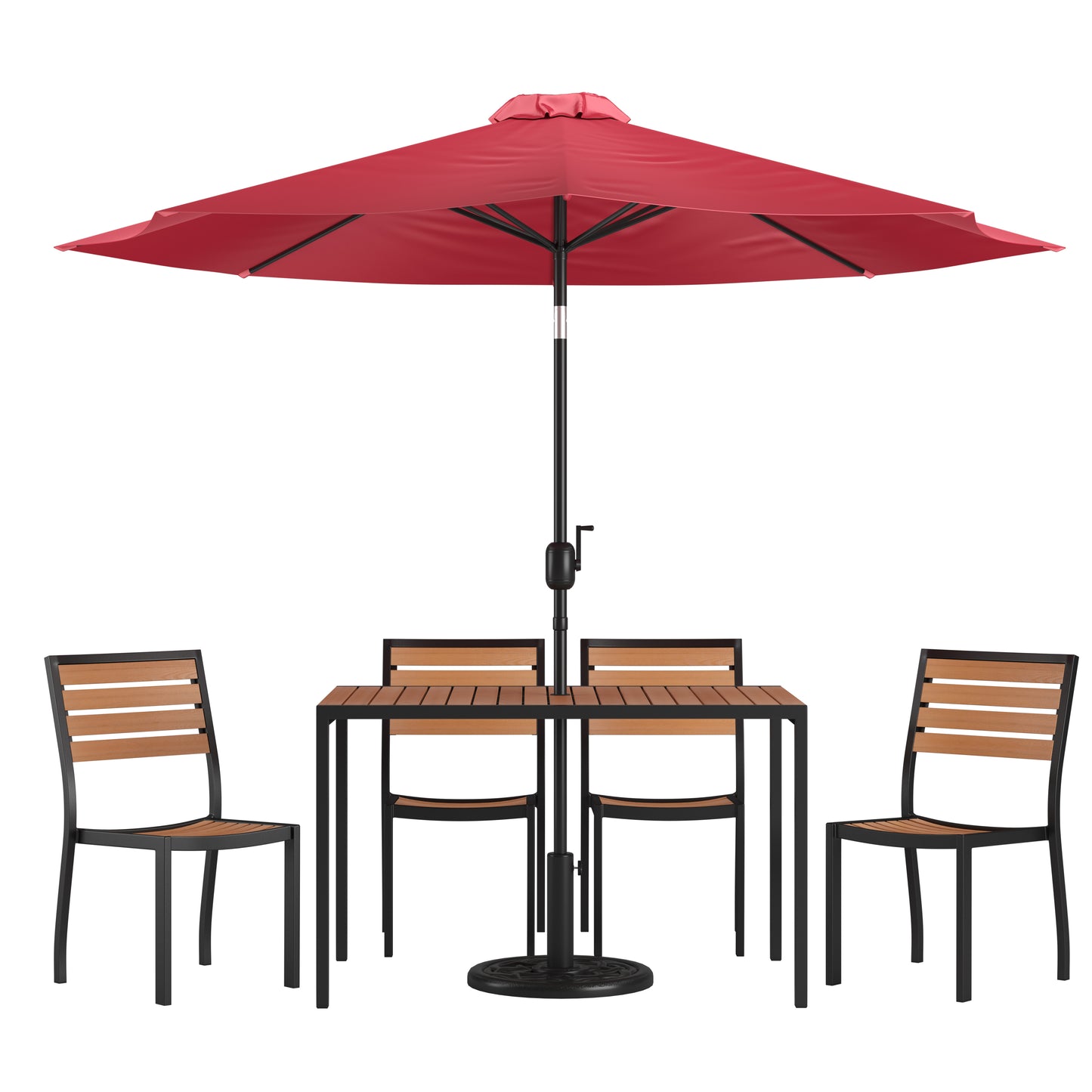 Lark 7 Piece All-Weather Deck or Patio Set - 4 Stacking Faux Teak Chairs, 30" x 48" Faux Teak Table, Red Umbrella & Base