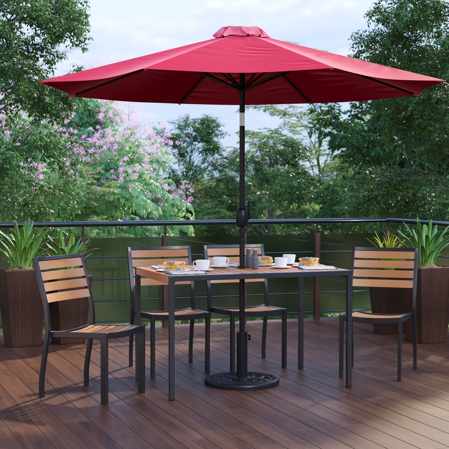 Lark 7 Piece All-Weather Deck or Patio Set - 4 Stacking Faux Teak Chairs, 30" x 48" Faux Teak Table, Red Umbrella & Base
