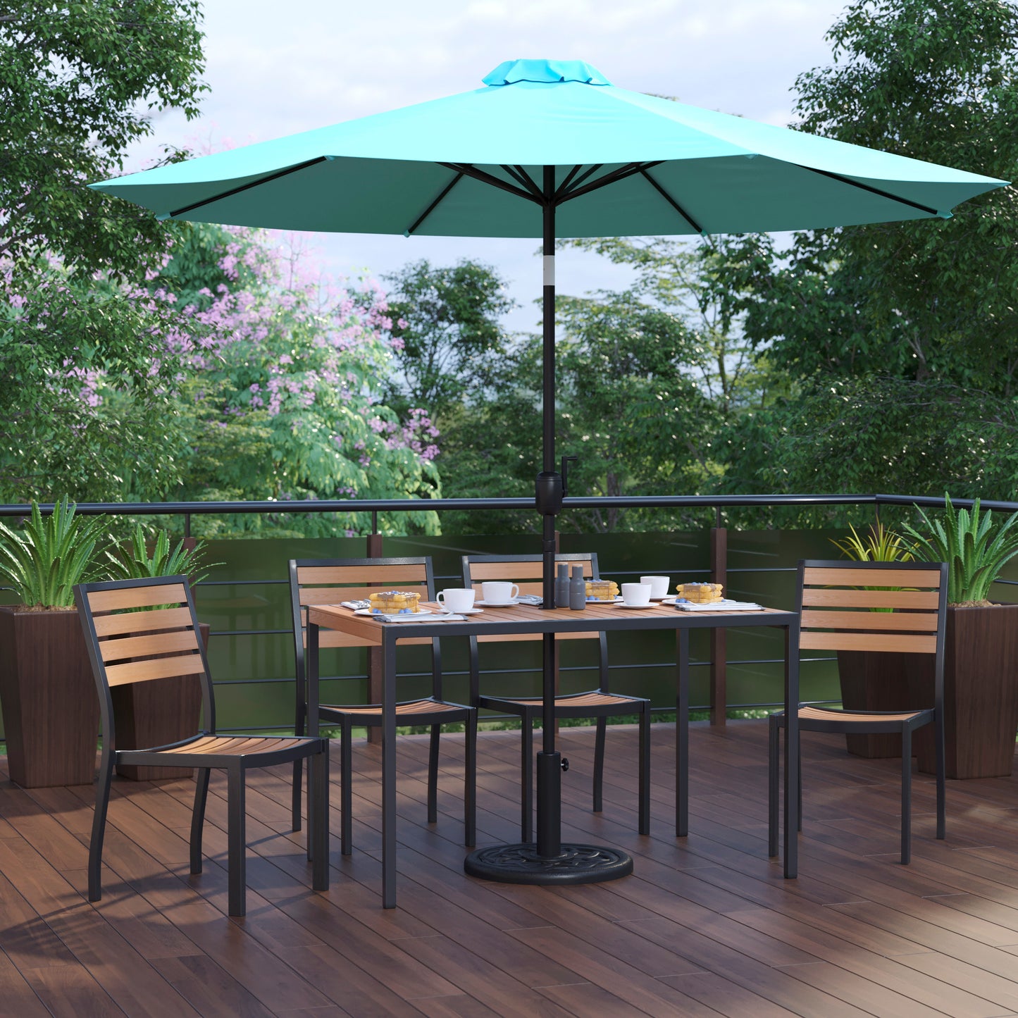 Lark 7 Piece All-Weather Deck or Patio Set - 4 Stacking Faux Teak Chairs, 30" x 48" Faux Teak Table, Teal Umbrella & Base