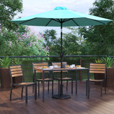 Lark 7 Piece All-Weather Deck or Patio Set - 4 Stacking Faux Teak Chairs, 30" x 48" Faux Teak Table, Teal Umbrella & Base