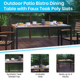 Lark 7 Piece All-Weather Deck or Patio Set - 4 Stacking Faux Teak Chairs, 30" x 48" Faux Teak Table, Teal Umbrella & Base
