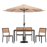 Lark 7 Piece All-Weather Deck or Patio Set - 4 Stacking Faux Teak Chairs, 30" x 48" Faux Teak Table, Tan Umbrella & Base