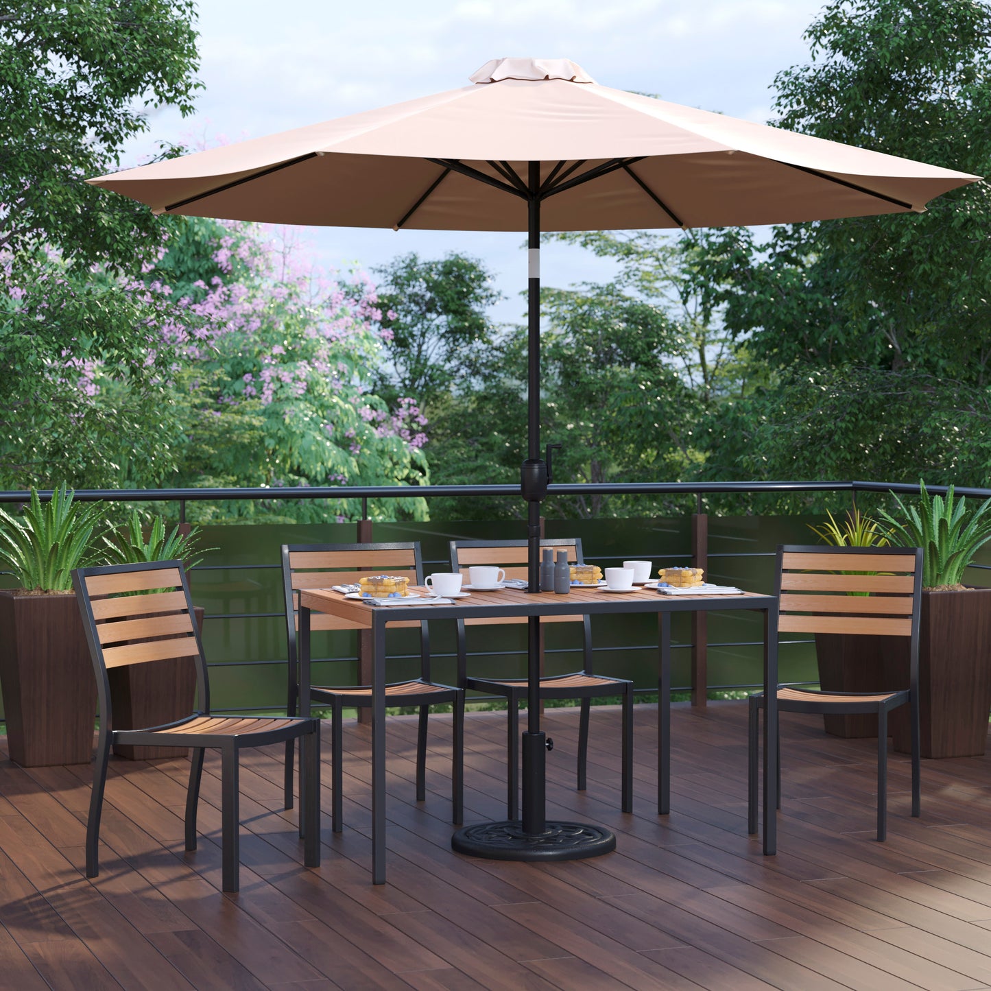 Lark 7 Piece All-Weather Deck or Patio Set - 4 Stacking Faux Teak Chairs, 30" x 48" Faux Teak Table, Tan Umbrella & Base