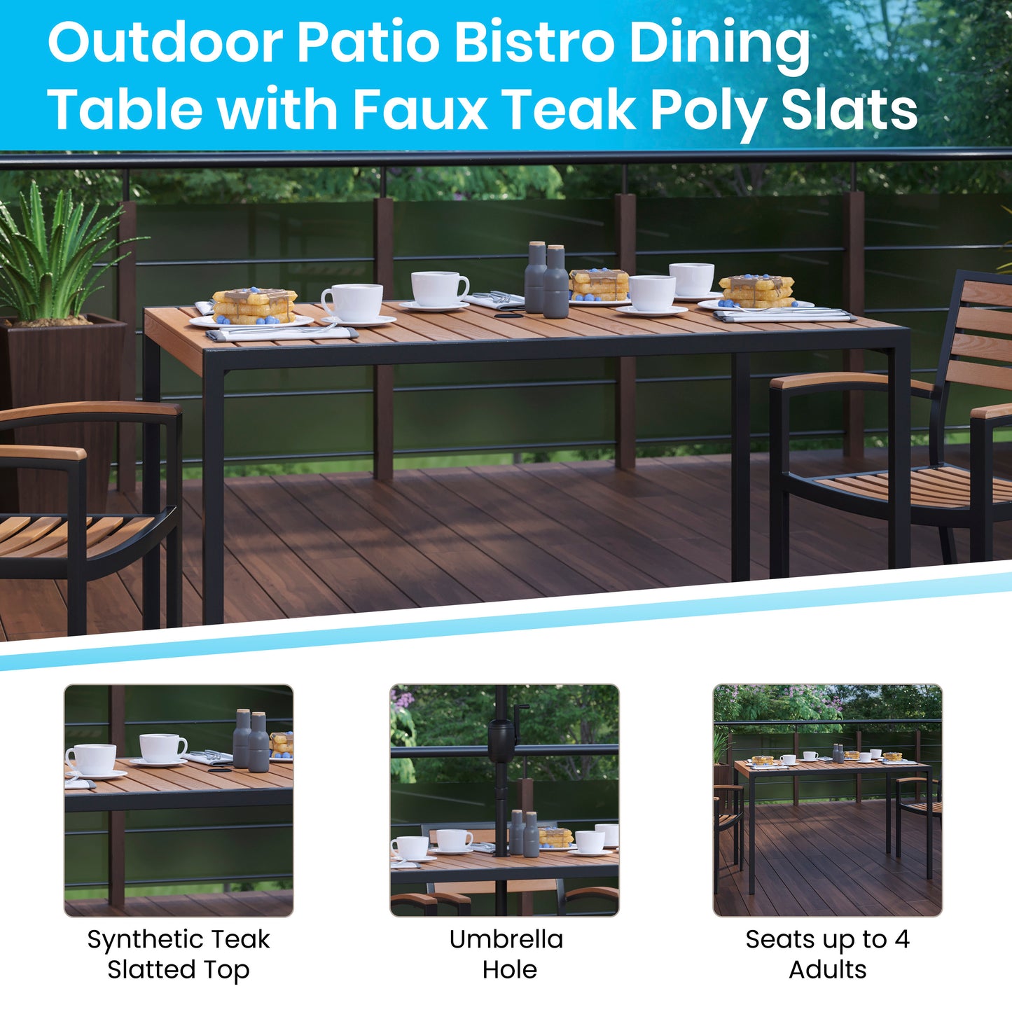 Lark 7 Piece All-Weather Deck or Patio Set - 4 Stacking Faux Teak Chairs, 30" x 48" Faux Teak Table, Tan Umbrella & Base