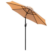 Lark 7 Piece All-Weather Deck or Patio Set - 4 Stacking Faux Teak Chairs, 30" x 48" Faux Teak Table, Tan Umbrella & Base