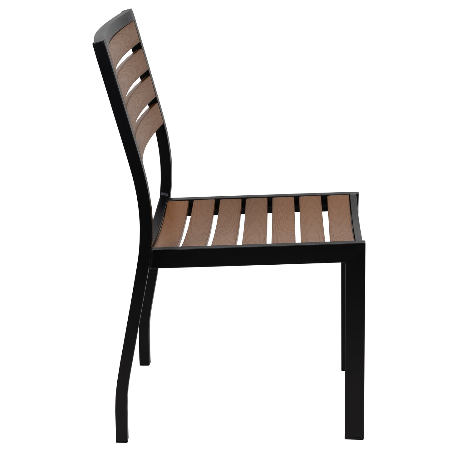 Lark 7 Piece All-Weather Deck or Patio Set - 4 Stacking Faux Teak Chairs, 30" x 48" Faux Teak Table, Tan Umbrella & Base