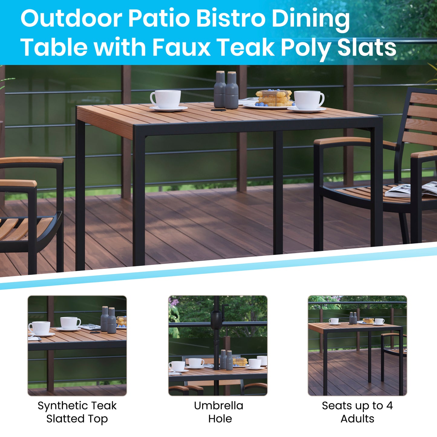 Lark 3 Piece Outdoor Dining Table Set - Synthetic Teak Poly Slats - 35" Square Steel Framed Table - Umbrella Hole - 2 Club Chairs