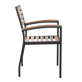 Lark 3 Piece Outdoor Dining Table Set - Synthetic Teak Poly Slats - 35" Square Steel Framed Table - Umbrella Hole - 2 Club Chairs