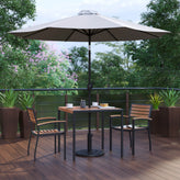 Lark 5 Piece Outdoor Patio Table Set with 2 Synthetic Teak Stackable Chairs, 35" Square Table, Gray Umbrella & Base