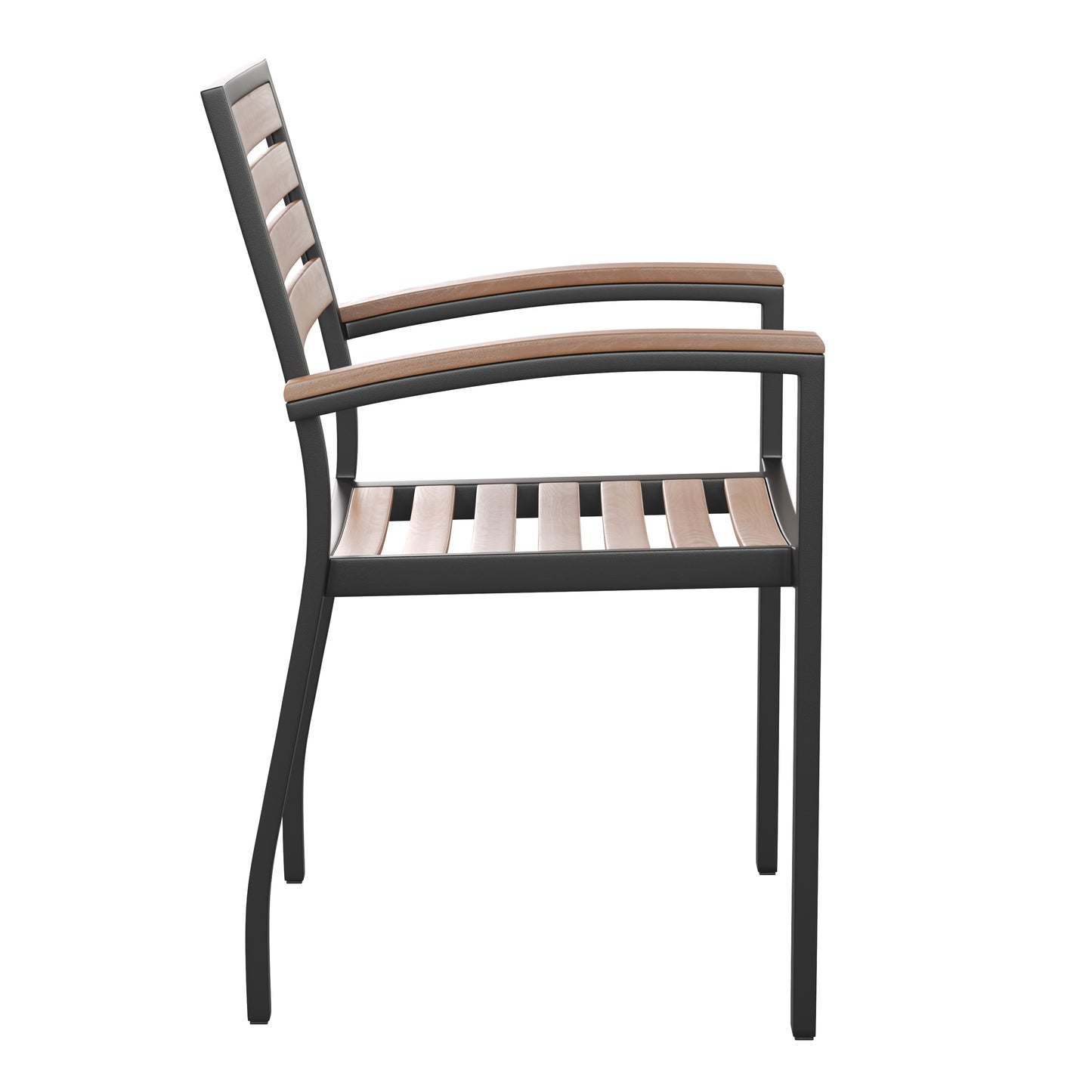 Lark 5 Piece Outdoor Patio Table Set with 2 Synthetic Teak Stackable Chairs, 35" Square Table, Gray Umbrella & Base