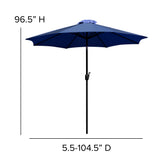 Lark 5 Piece Outdoor Patio Table Set with 2 Synthetic Teak Stackable Chairs, 35" Square Table, Navy Umbrella & Base