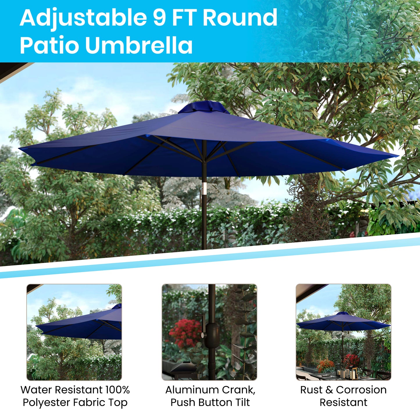 Lark 5 Piece Outdoor Patio Table Set with 2 Synthetic Teak Stackable Chairs, 35" Square Table, Navy Umbrella & Base