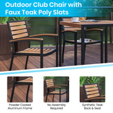 Lark 5 Piece Outdoor Patio Table Set with 2 Synthetic Teak Stackable Chairs, 35" Square Table, Red Umbrella & Base