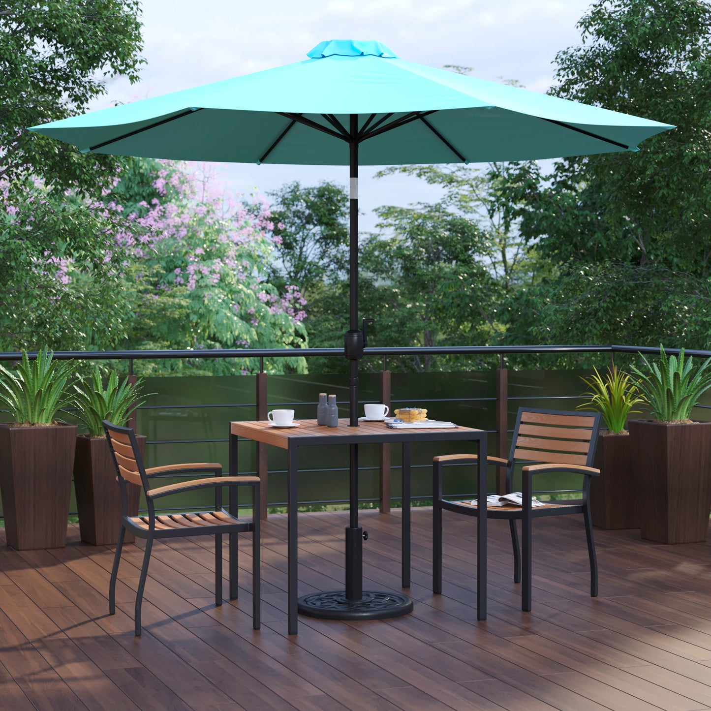 Lark 5 Piece Outdoor Patio Dining Table Set - 2 Synthetic Teak Stackable Chairs, 36" Square Table, Teal Umbrella & Base