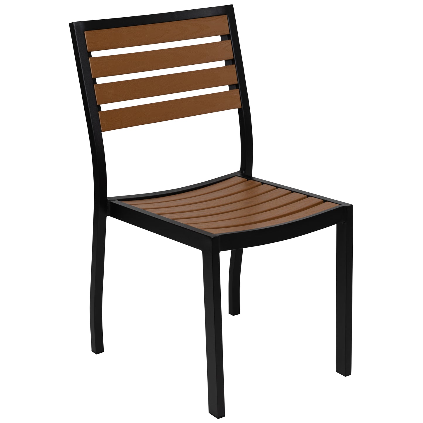 Lark 3 Piece Patio Table Set - Synthetic Teak Poly Slats - 35" Square Steel Framed Table with 2 Stackable Faux Teak Chairs