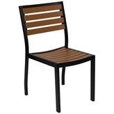 Lark 3 Piece Patio Table Set - Synthetic Teak Poly Slats - 35" Square Steel Framed Table with 2 Stackable Faux Teak Chairs