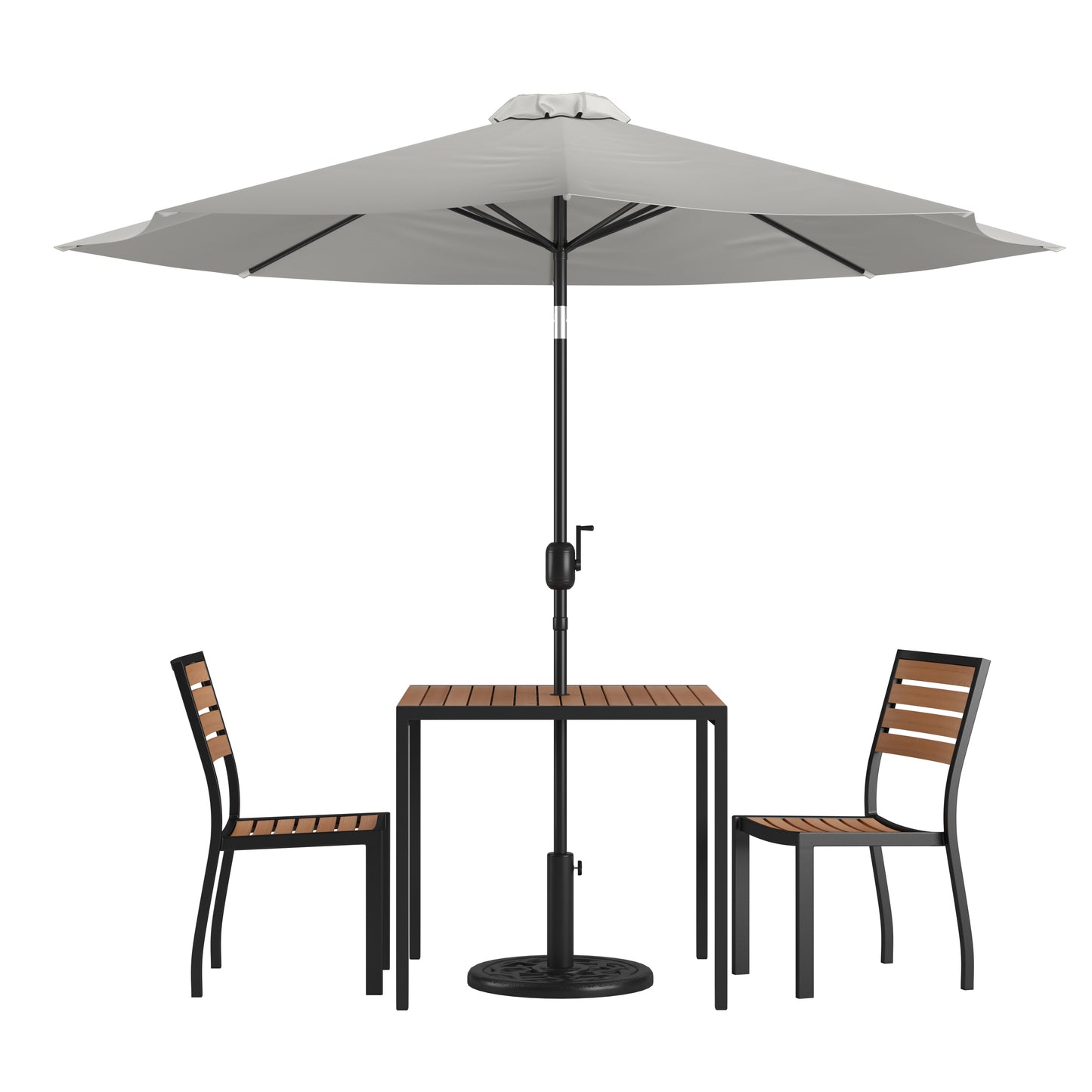 Lark 5 Piece All-Weather Deck or Patio Set-2 Stacking Faux Teak Chairs, 35" Square Faux Teak Table, Gray Umbrella & Base
