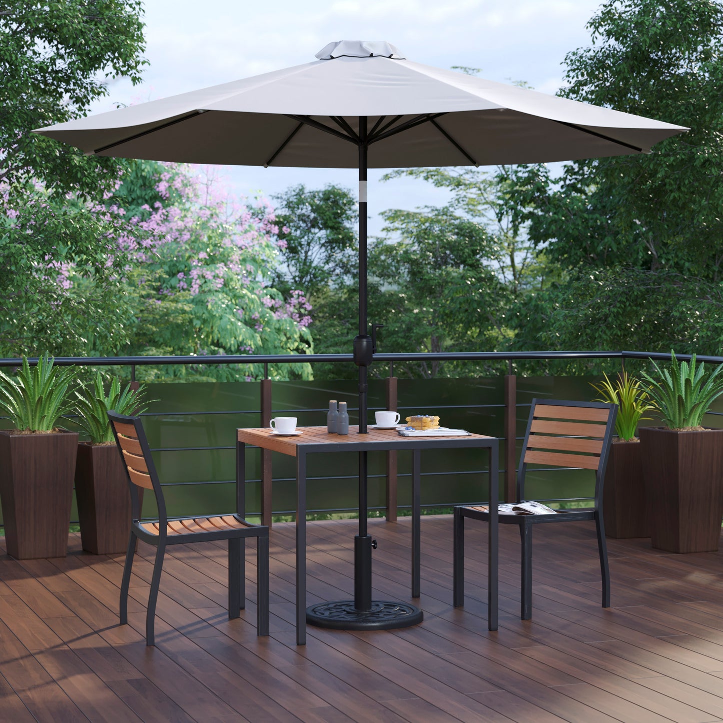 Lark 5 Piece All-Weather Deck or Patio Set-2 Stacking Faux Teak Chairs, 35" Square Faux Teak Table, Gray Umbrella & Base