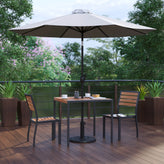 Lark 5 Piece All-Weather Deck or Patio Set-2 Stacking Faux Teak Chairs, 35" Square Faux Teak Table, Gray Umbrella & Base