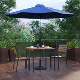 Lark 5 Piece All-Weather Deck or Patio Set-2 Stacking Faux Teak Chairs, 35" Square Faux Teak Table, Navy Umbrella & Base