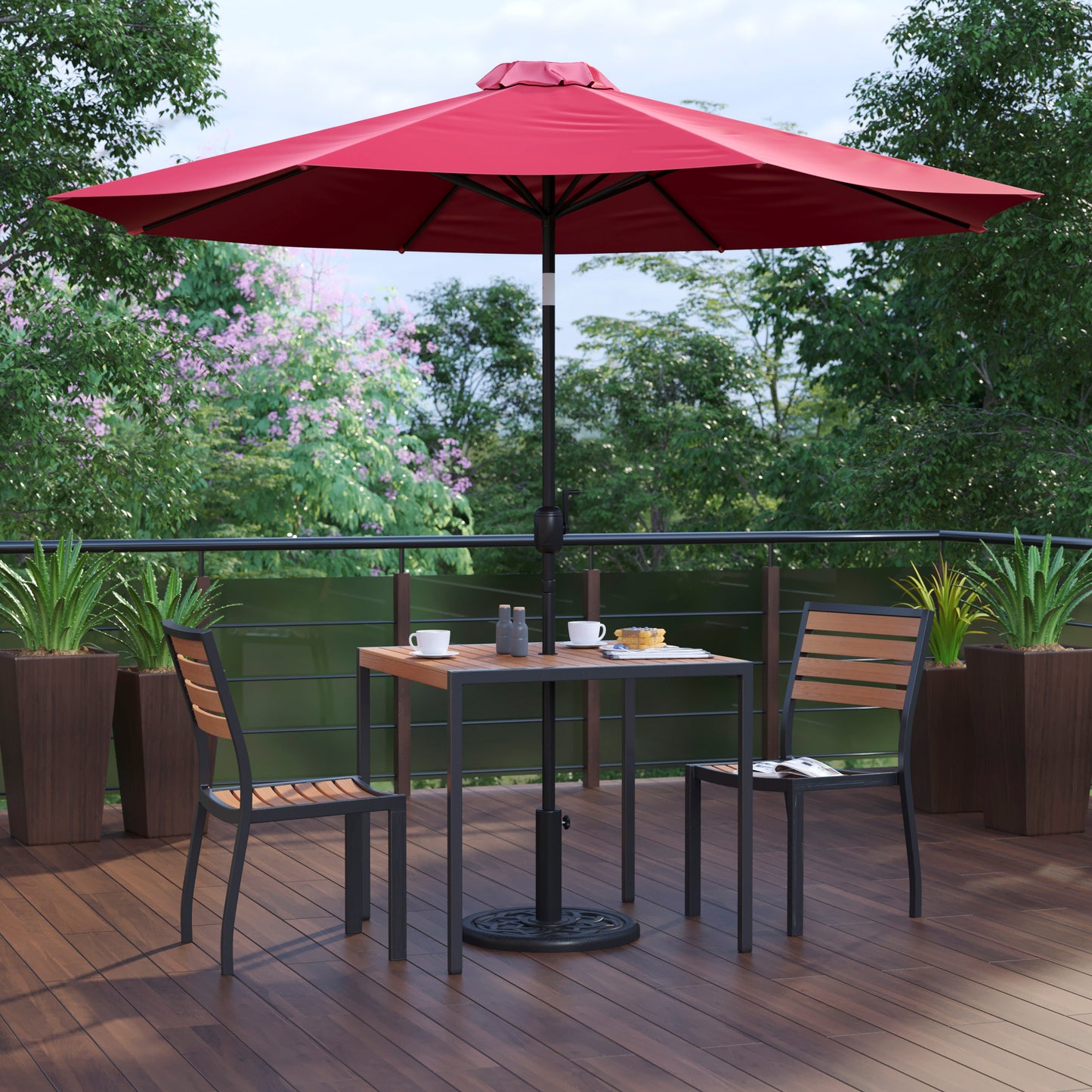 Lark 5 Piece All-Weather Deck or Patio Set - 2 Stacking Faux Teak Chairs, 35" Square Faux Teak Table, Red Umbrella & Base