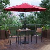 Lark 5 Piece All-Weather Deck or Patio Set - 2 Stacking Faux Teak Chairs, 35" Square Faux Teak Table, Red Umbrella & Base