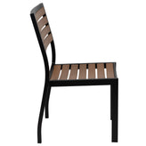 Lark 5 Piece All-Weather Deck or Patio Set - 2 Stacking Faux Teak Chairs, 35" Square Faux Teak Table, Red Umbrella & Base