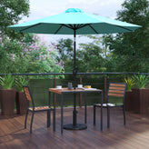 Lark 5 Piece All-Weather Deck or Patio Set-2 Stacking Faux Teak Chairs, 35" Square Faux Teak Table, Teal Umbrella & Base
