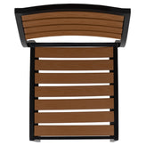 Lark 5 Piece All-Weather Deck or Patio Set-2 Stacking Faux Teak Chairs, 35" Square Faux Teak Table, Teal Umbrella & Base