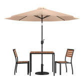 Lark 5 Piece All-Weather Deck or Patio Set - 2 Stacking Faux Teak Chairs, 35" Square Faux Teak Table, Tan Umbrella & Base