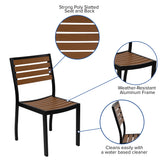 Lark 5 Piece All-Weather Deck or Patio Set - 2 Stacking Faux Teak Chairs, 35" Square Faux Teak Table, Tan Umbrella & Base