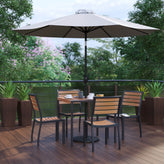 Lark 7 Piece All-Weather Deck or Patio Set-4 Stacking Faux Teak Chairs, 35" Square Faux Teak Table, Gray Umbrella & Base