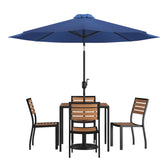 Lark 7 Piece All-Weather Deck or Patio Set-4 Stacking Faux Teak Chairs, 35" Square Faux Teak Table, Navy Umbrella & Base