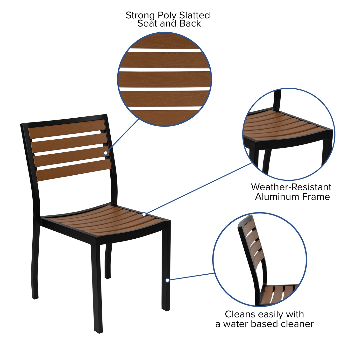 Lark 7 Piece All-Weather Deck or Patio Set - 4 Stacking Faux Teak Chairs, 35" Square Faux Teak Table, Red Umbrella & Base