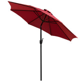 Lark 7 Piece All-Weather Deck or Patio Set - 4 Stacking Faux Teak Chairs, 35" Square Faux Teak Table, Red Umbrella & Base