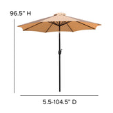 Lark 7 Piece All-Weather Deck or Patio Set - 4 Stacking Faux Teak Chairs, 35" Square Faux Teak Table, Tan Umbrella & Base