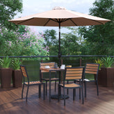 Lark 7 Piece All-Weather Deck or Patio Set - 4 Stacking Faux Teak Chairs, 35" Square Faux Teak Table, Tan Umbrella & Base