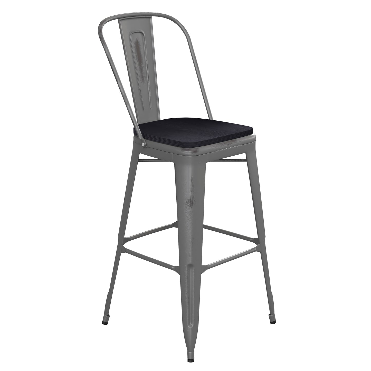 Lincoln 30'' High Silver Antique Finish with Clear Coat Indoor Barstool with Back and Black Poly Resin Wood Seat