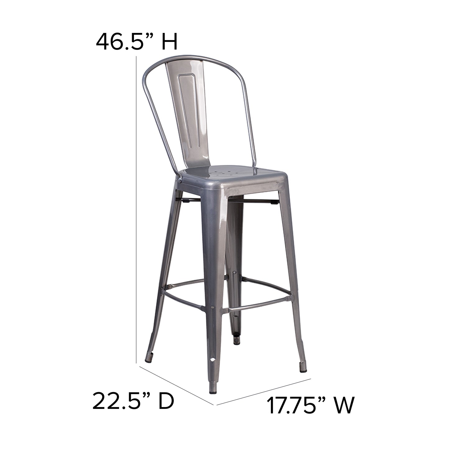 Lincoln 30'' High Silver Antique Finish with Clear Coat Indoor Barstool with Back and Black Poly Resin Wood Seat