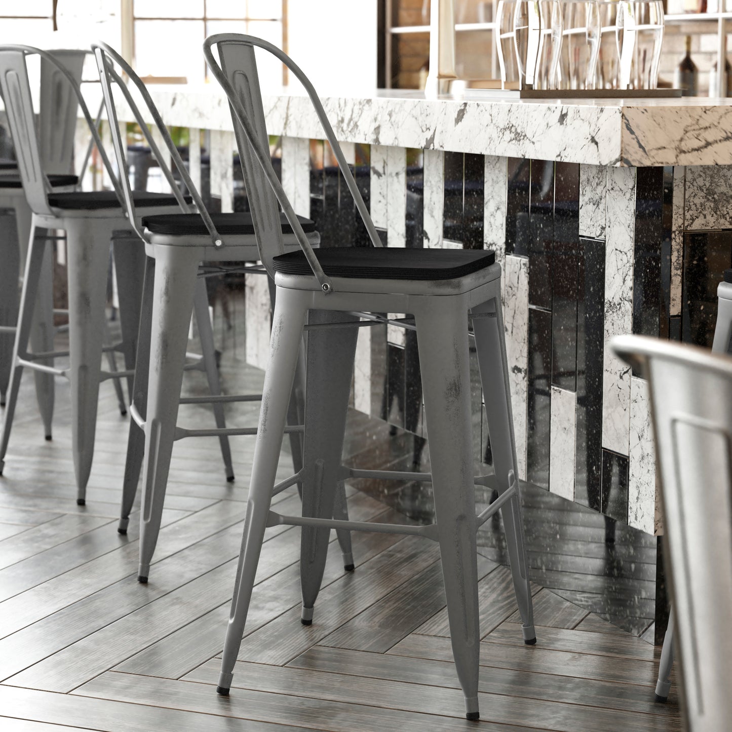 Lincoln 30'' High Silver Antique Finish with Clear Coat Indoor Barstool with Back and Black Poly Resin Wood Seat