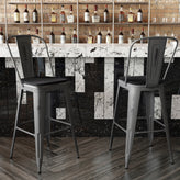 Lincoln 30'' High Silver Antique Finish with Clear Coat Indoor Barstool with Back and Black Poly Resin Wood Seat