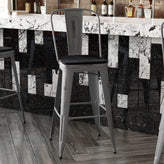 Lincoln 30'' High Silver Antique Finish with Clear Coat Indoor Barstool with Back and Black Poly Resin Wood Seat